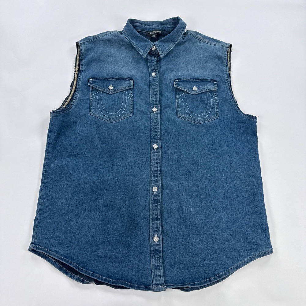 True Religion Womens Vest L Blue Oversized Denim Crystal Sleeveless Y2K Biker